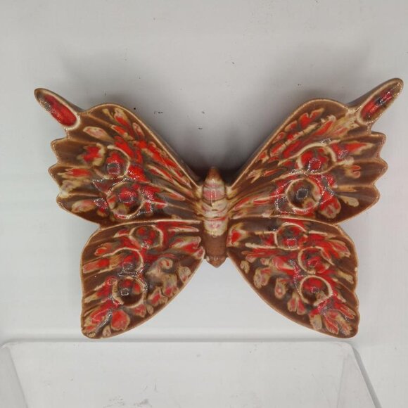 Vintage Pottery Butterfly Dish or Wall Hanging Art - Orange-Brown-Cream-MCM - Picture 1 of 6